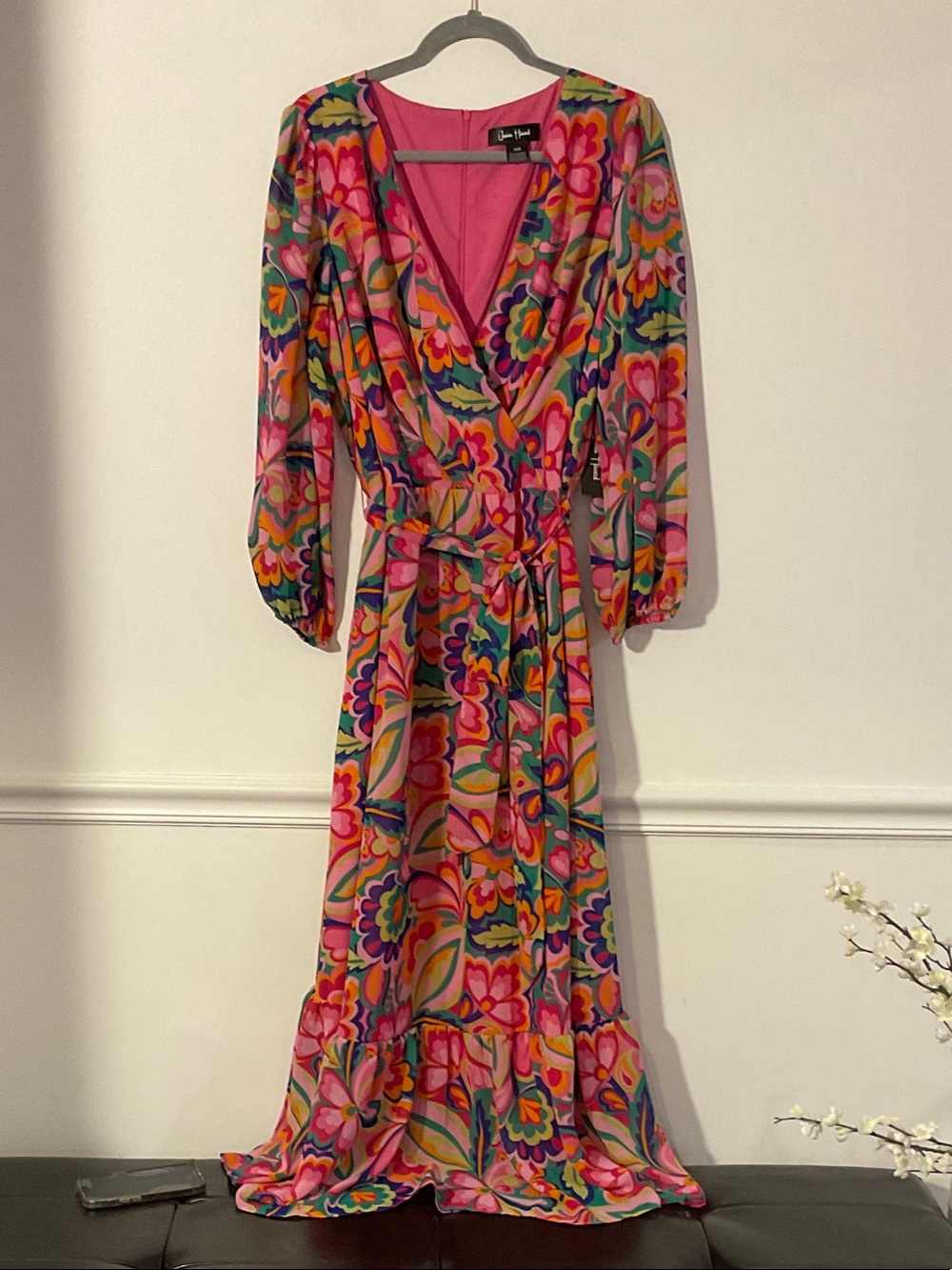 Jessica Howard Pink Multicolor Floral Wrap Maxi Dress